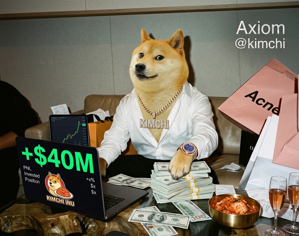 Kimchi Inu in a white shirt sitting behind stacks of dollars, with a laptop showing +$40M PNL