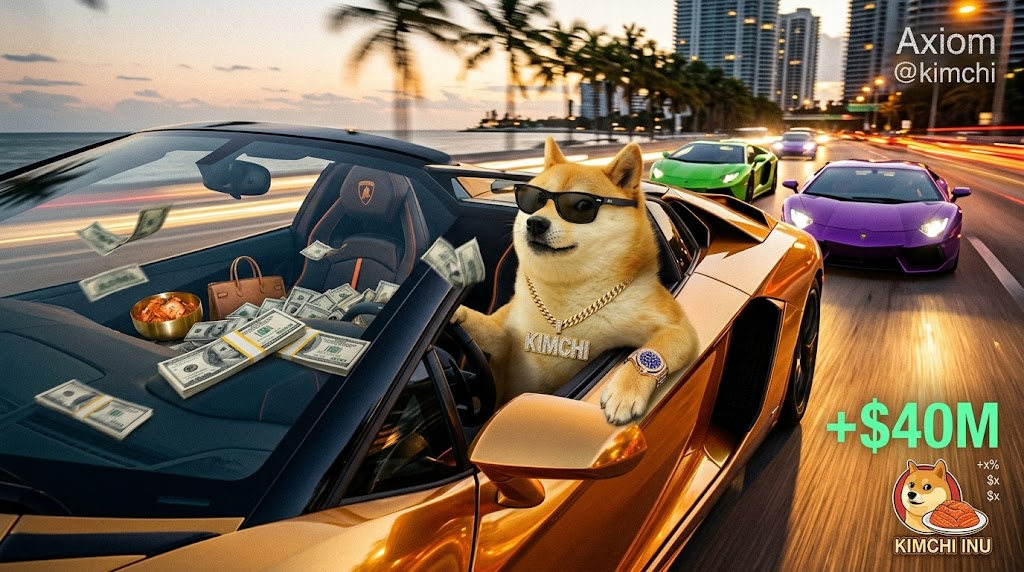 Kimchi Inu wearing sunglasses, driving an orange Lamborghini surrounded by flying cash